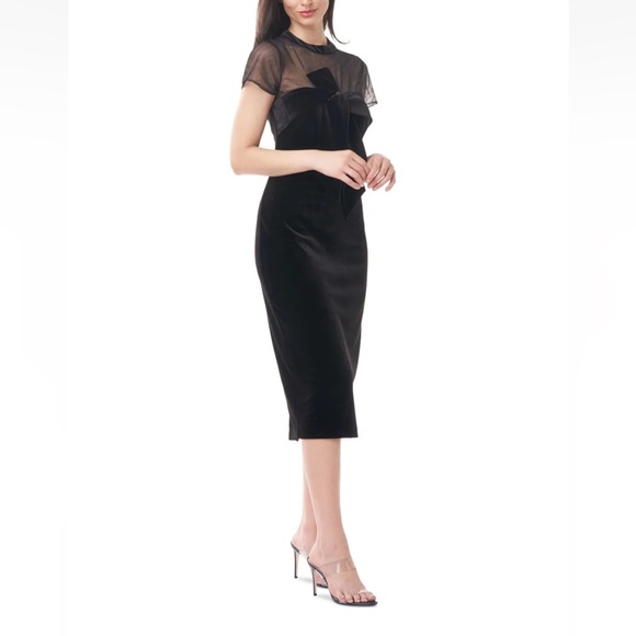 JS COLLECTION Velvet Short Sleeve Illusion Neckline Midi Evening Body Con Dress - Picture 2 of 3